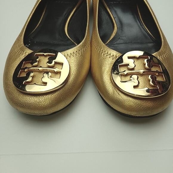 Tory Burch Logo Spark Gold Leather Minnie Travel Ballet Flats Size 5.5M - Picture 8 of 13